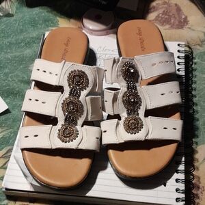 Easy Street White Sandals with Brown Bead Accents